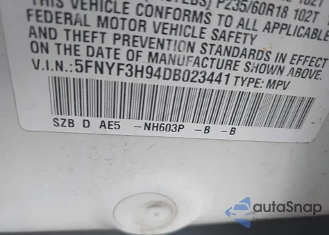 2013 Honda Pilot Touring from USA, damaged, VIN 5FNYF3H94DB023441